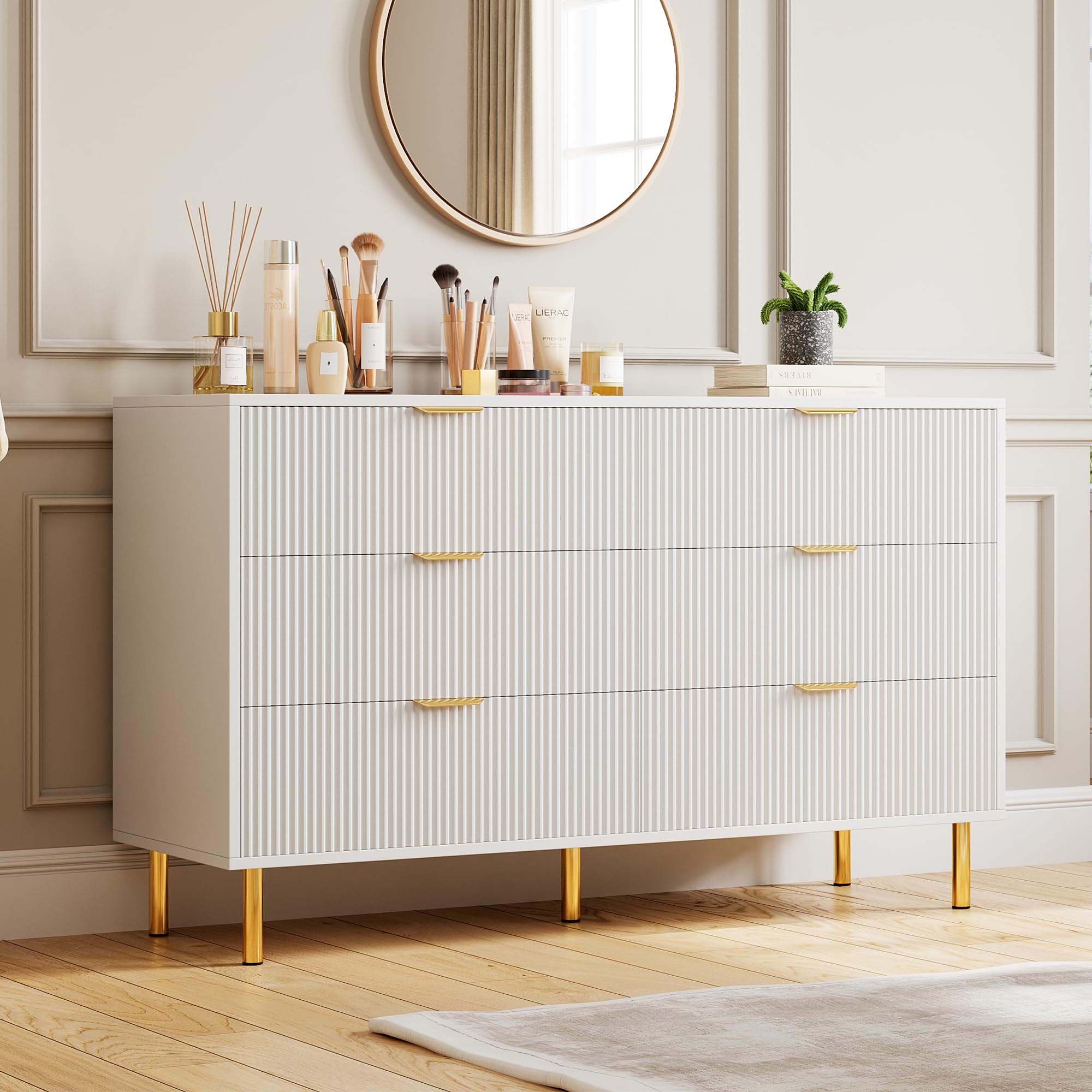 Photo 1 of GarveeHome White Dresser, Modern 6 Drawer Dresser for Bedroom with Gold Handle and Large Drawer, Wood Double Chest of Drawers and Storage Organizer for Living Room, Hallway, Entryway