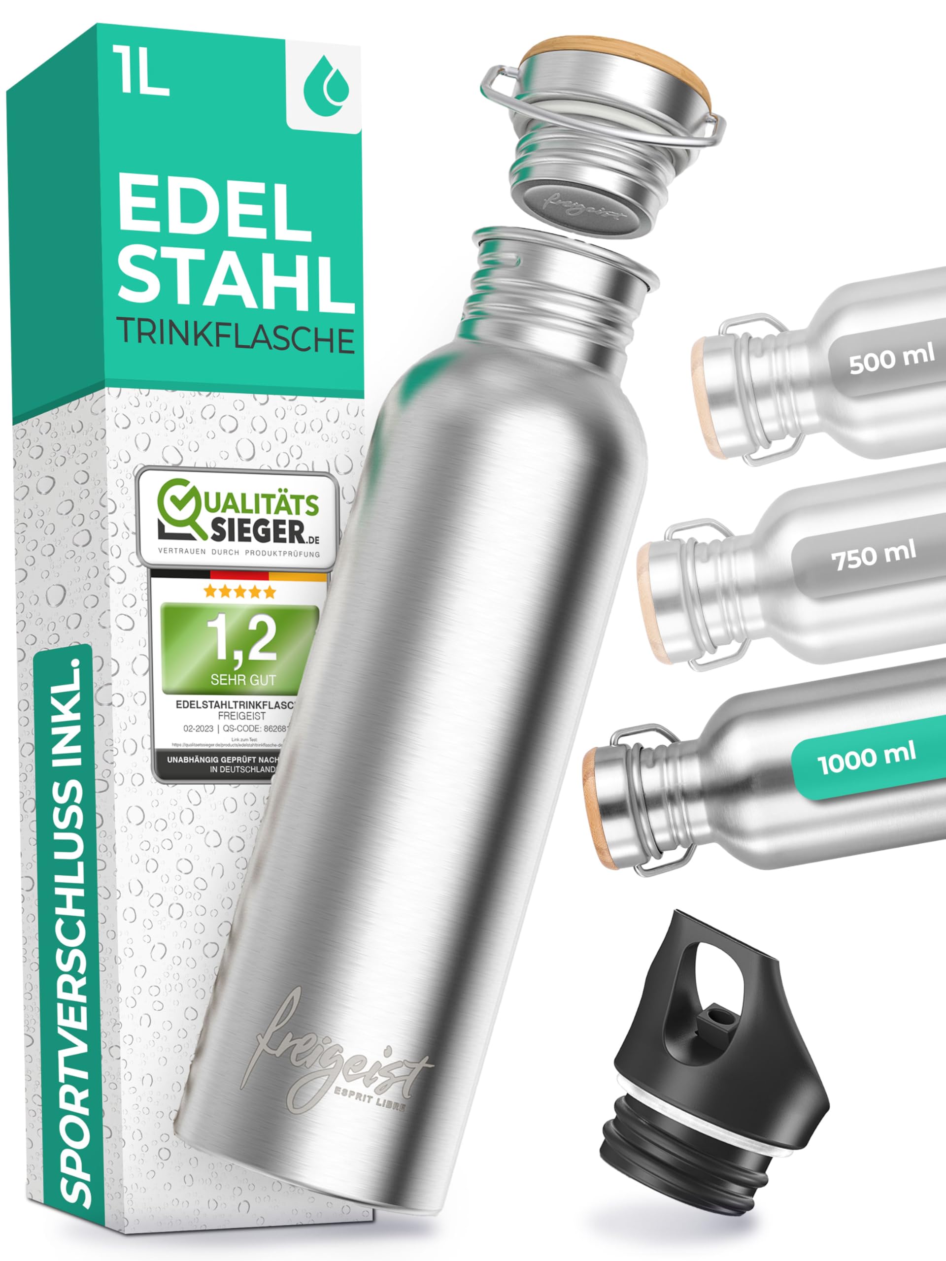 freigeist ESPRIT LIBRE Stainless Steel Water Bottle 1L – Reusable Metal Bottle with Straw & Sports Cap, Leakproof & Lightweight, Ideal for Office, University, Hiking & Sports