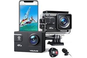 WOLFANG GA300 4K60FPS Action Camera 24MP Waterproof 40M Underwater Camera EIS Stabilization WiFi Wide Angle Helmet Camera (External Microphone, Remote Control, 2x1350mAh Batteries and Accessory Kit)