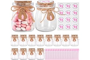 KIVIVO 12 Pcs Baby Shower Party Favors for Guests, Baby Shower Gifts for Guest, 3.4 oz Small Glass Mason Jars with Cork Lids, Stickers, Label Tags, Twine, Organza Bags, Mini Candy Jar Favors for Girls