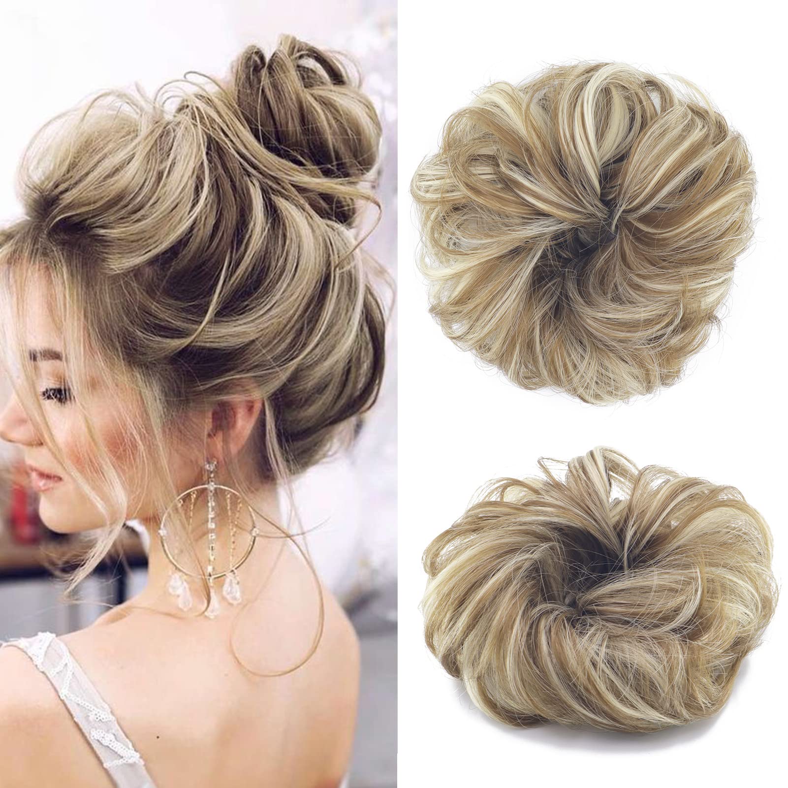 Cybelleza Messy Bun Hair Piece Curly Hair Scrunchies Thick Messy Hair Bun Updo Hairpiece Synthetic Ribbon Ponytail Extensions Donut Chignons Wavy Wig for Women Girls, 35g Greenish Brown & Beach Blonde