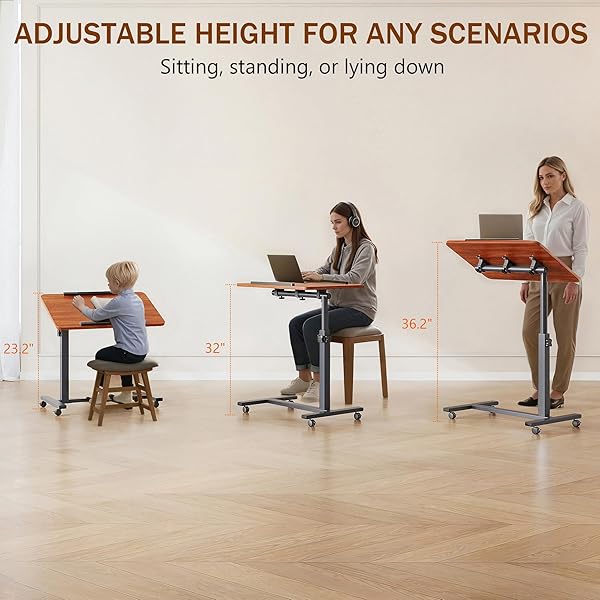 LAPTOP TABLE MOBILE ADJUSTABLE HEIGHT PORTABLE DESK NOTEBOOK SWIVEL PC COMPUTER ROLLING DESK WITH WHEELS, LAPTOP STAND FOR COUCH BEDSIDE HOSPITAL BED TABLE (DARK WALNUT)