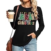 Christmas T Shirt Womens Merry and Bright Shirt Xmas Leopard Print Tree T-Shirt Holiday Graphic Tee Tops