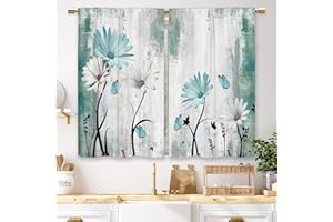 Laifzere Rustic Farmhouse Teal Daisy Kitchen Curtains Floral Flower Small Short Cafe Window Curtains Butterfly Turquoise Country Bathroom Window Drapes Treatment Tier Curtains 2 Panels (27.5x39 Inch)