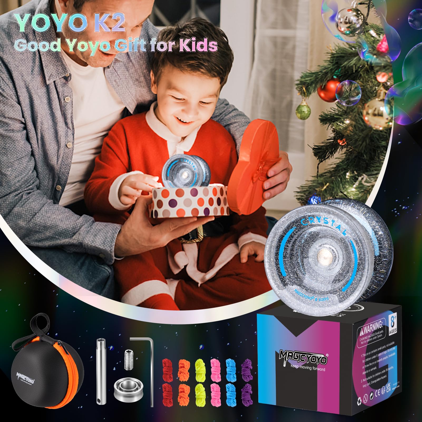 MAGICYOYO K2 Crystal Yoyo Silver Glitter Clear, Pro Responsive Yo-yo for Kids, Finger Spin Trick Yo Yo for Beginner, Dual Purpose Yo-yo with Extra Unresponsive Bearing + 12 Yoyo Strings + Case Bag