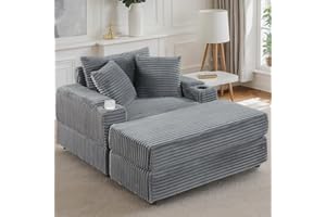 Tassullo Oversized Indoor Lounge Chaise Chair with Ottoman, Wide Corduroy Upholstered Sofa Chaise Pocket Spring Cushion, Cozy Living Room Chair with Storage Armrest & Cupholders (Grey)