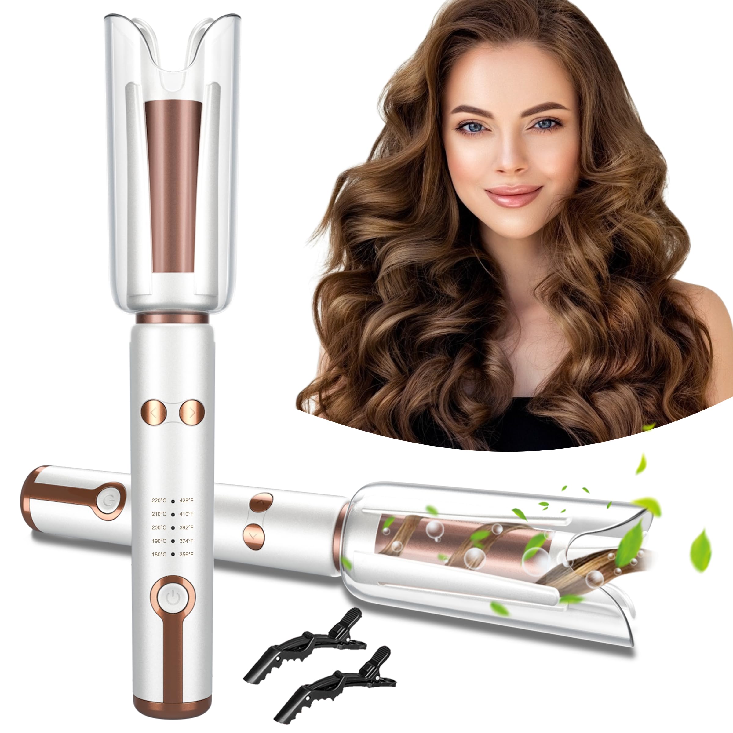 Photo 1 of JINRI Automatic Rotating Curling Iron-Beach Waves Curling Wand, Pumped-Up Volume, Portable Hair Curler, 500 Million Ionic, Dual Voltage & Lightweight for Travel, Ceramic Coating, 1 Inch, White