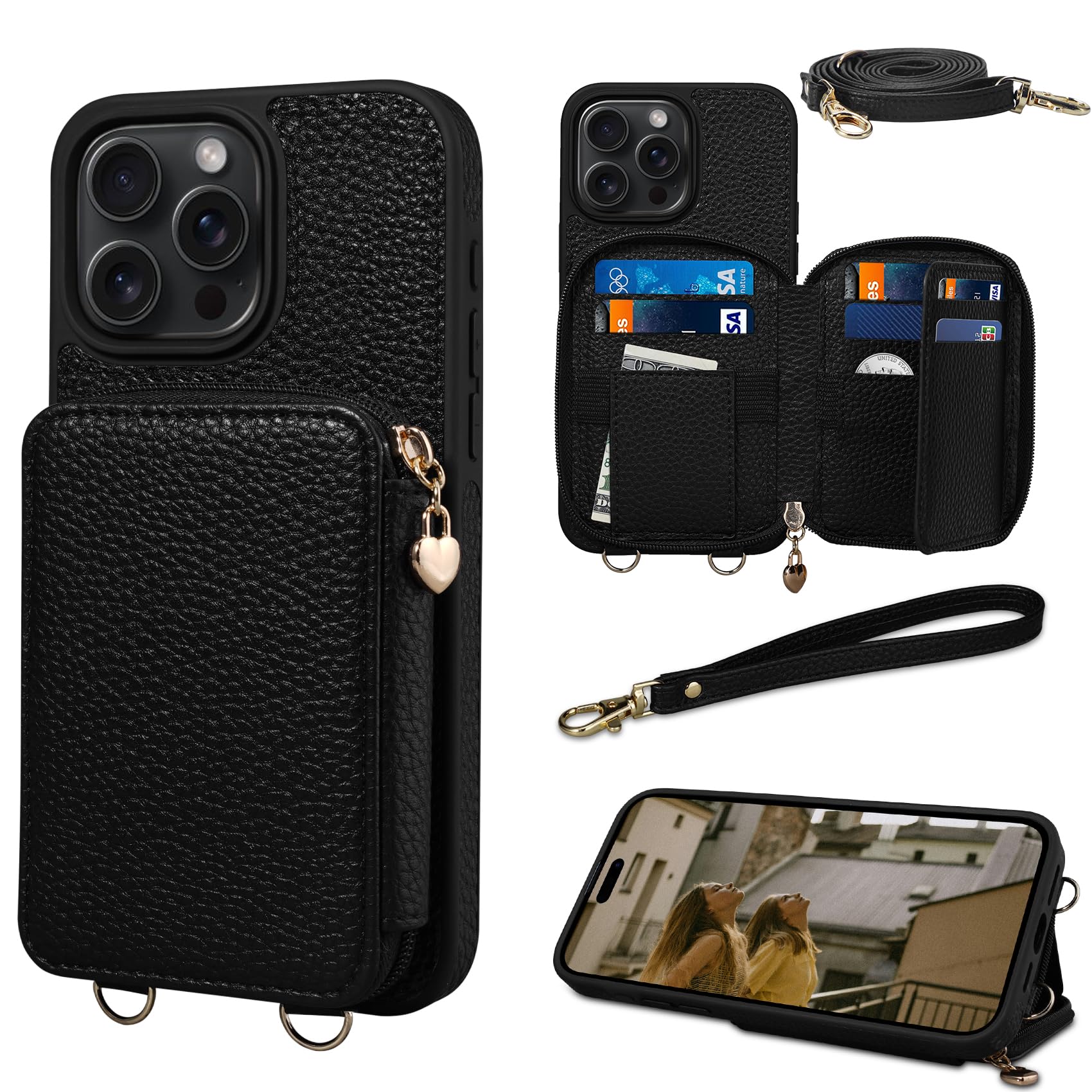 Photo 1 of Keallce Case for iPhone 16 Pro 6.3'' Case Wallet, Crossbody Purse with RFID Blocking, Kickstand, Detachable Lanyard & Handstrap, Leather iPhone Cover, Black