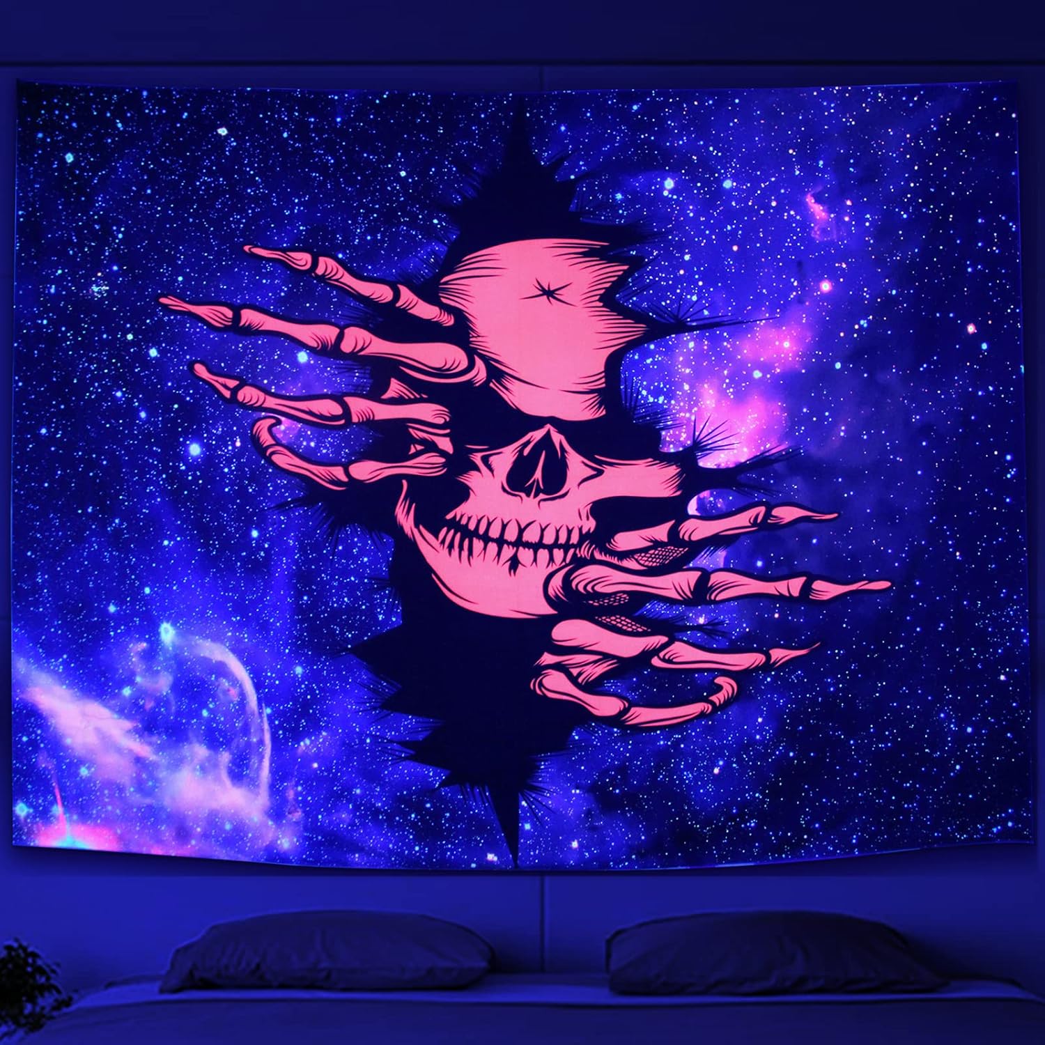 Tapestries - TemphytBong Skeleton Psychedelic Tapestry for Bedroom Decor Wall Hanging Aesthetic Skull Trippy BlackLight Tapestries 80 x 60 Inch