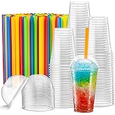 Crystal Clear PET Cups With Dome lids & Straws for Iced Coffee,Milkshake, Cold Drinks, Slush Cups, Smoothy's, Slurpee, Ice cream, Dessert, Party's, Plastic Disposable Cups (40, 20 oz)