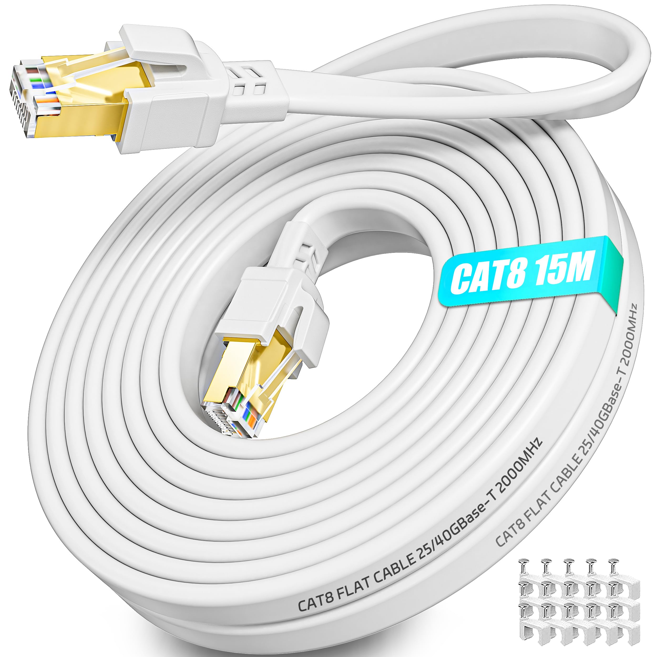 Soibke Ethernet Cable 15m Cat 8, High Speed 15m Internet Cable Long Lan Network Cable Flat Outdoor Indoor 40Gbps 2000MHz Wifi Cable 15 Meter Gigabit White RJ45 Patch Cord for Router Modem Switch — image 1