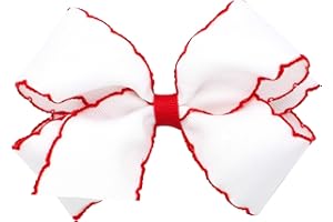 Wee Ones Baby Girls' Medium Classic Grosgrain Moonstitch Hair Bow on a WeeStay Clip - White w/Red Stitching,One Size