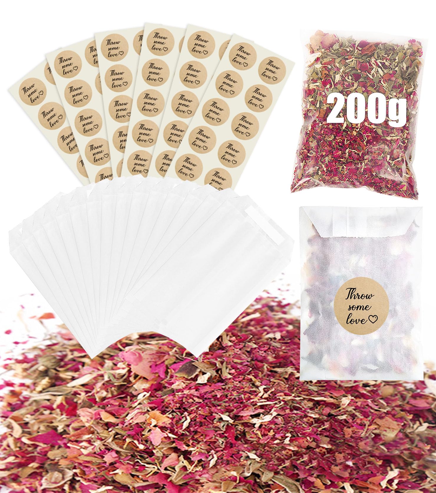 60 Sets Wedding Confetti Bags Kit,200g Natural Dried Flower Dried Rose Petals,90 x 135 mm Wedding Confetti Stickers Biodegradable Favor Paper Bags Glassine Envelopes for Wedding Party Christmas Decor