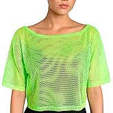 Fishnet Top Women with Mesh Short Sleeve,Neon T-Shirt Lime Green Tops for Women,80s Outfit for Woman with Green Short Sleeve,See Through T-Shirt for Woman Wearing in 80s Themed Party