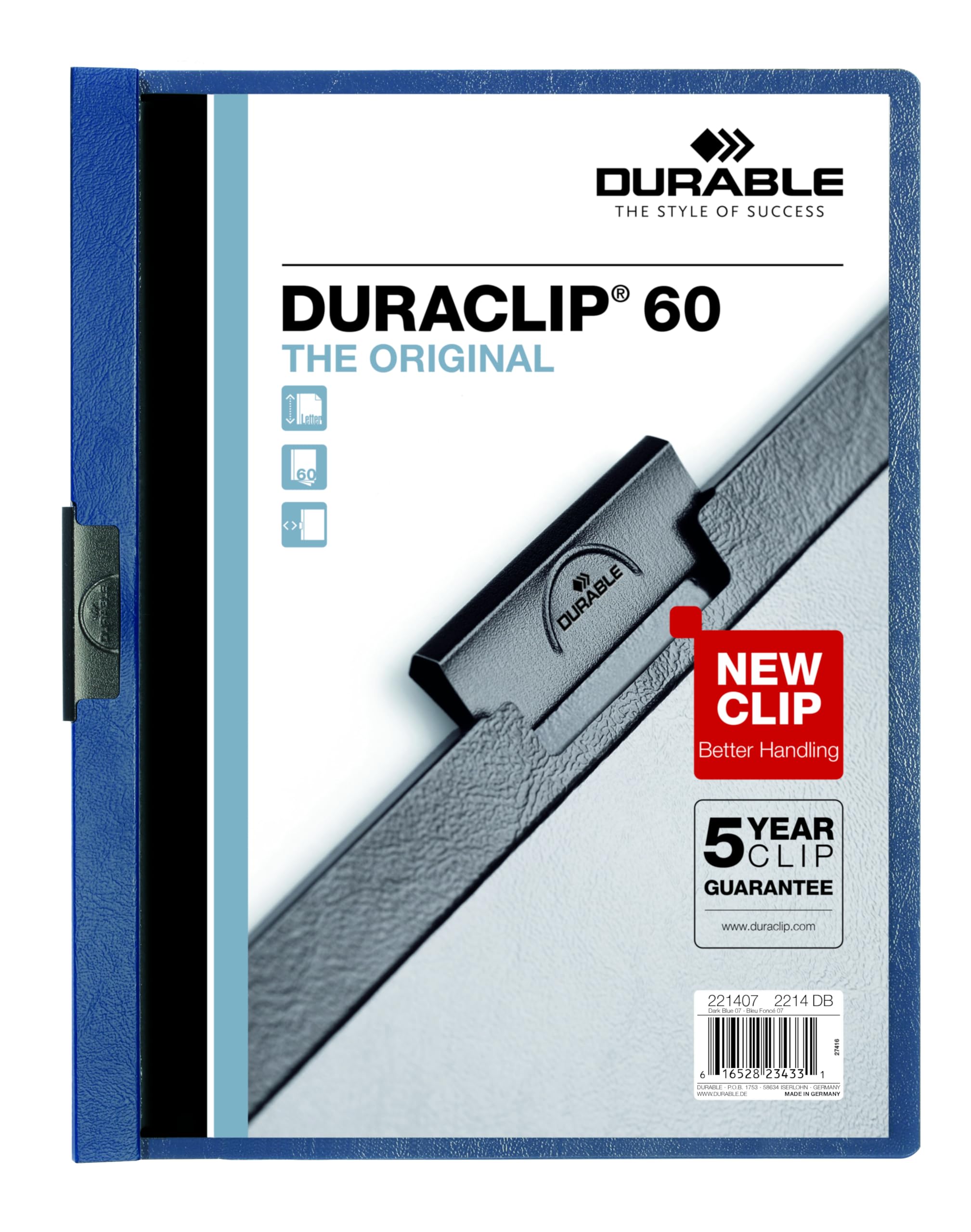 Durable Report Cover with DURACLIP, Letter-Size, Holds Up to 60 Pages, Clear Cover/Dark Blue, 25 per Box (221407BX)