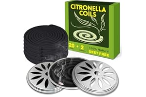 LASENTEUR Citronella Incense Coils with 2 Metal Trays, DEET-Free, Natural Lemongrass Incense 20 Pack for Indoor & Outdoor Use, Patio, Garden, Camping, Travel