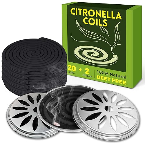 LASENTEUR Citronella Incense Coils with 2 Metal Trays, DEET-Free, Natural Lemongrass Incense 20 Pack for Indoor & Outdoor Use, Patio, Garden, Camping, Travel