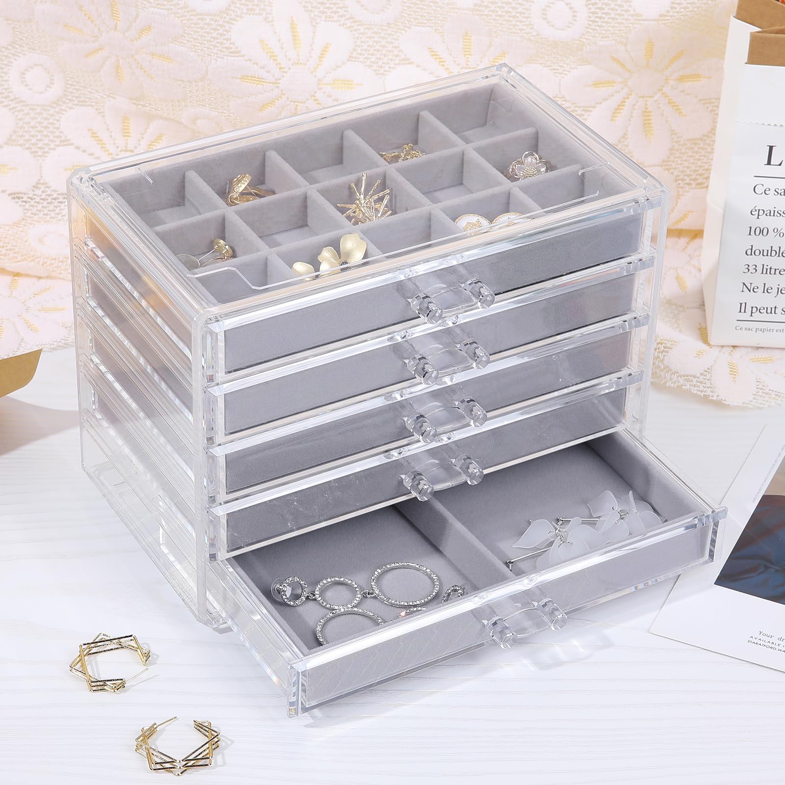 misaya Earring Jewelry Organizer with 5 Drawers, Birthday Present, Clear Acrylic Jewelry Box for Women, Velvet Earring Display Holder for Earrings Ring Bracelet Necklace, Gray