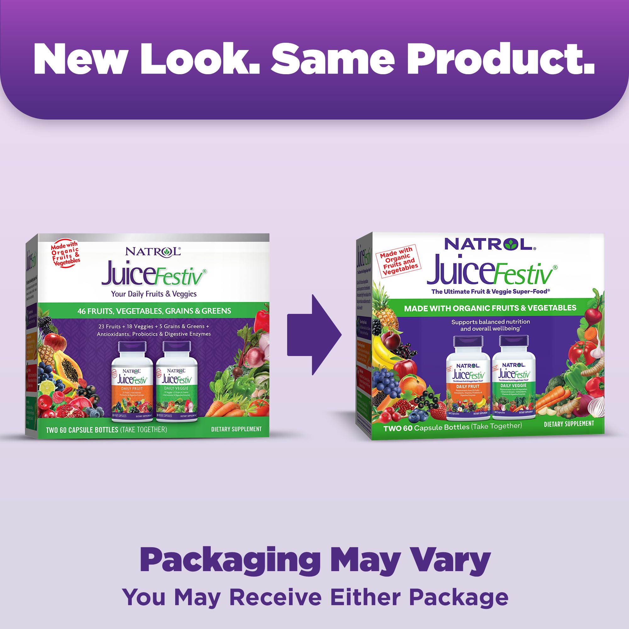 Natrol JuiceFestiv, The Ultimate Fruit and Veggie Super-Food to Support Balanced Nutrition and Overall Well-Being, Plus Antioxidants for Cellular Health, 60 Capsules (2-Count), Up to a 30 Day Supply