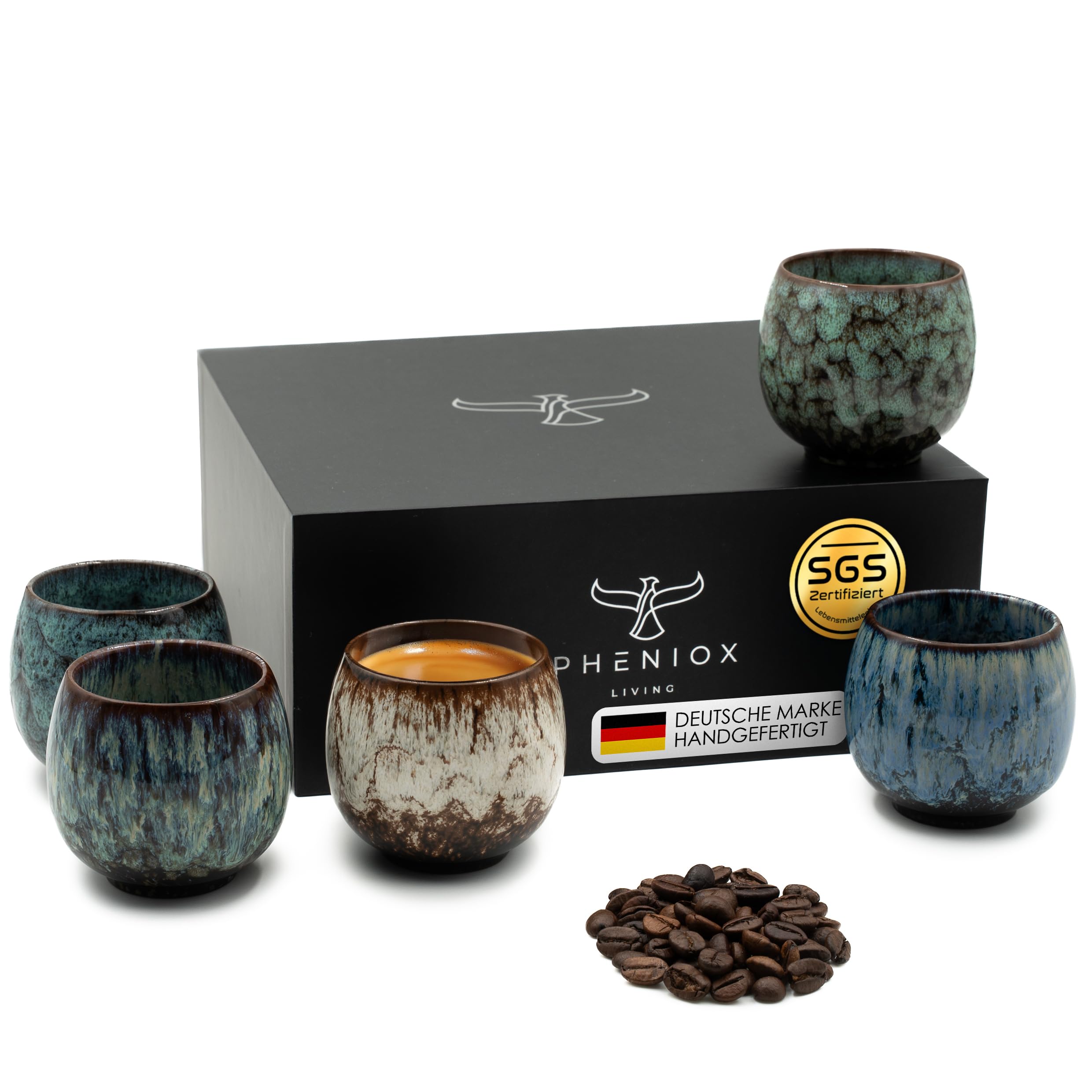 Pheniox | Espresso Cup Set Tibet Mini | 5-Piece | 100 ml | High-Quality Stoneware Cups | Without Handle | Dishwasher Safe | Espresso | Mocha | Spice Cup | Gift in Modern Design