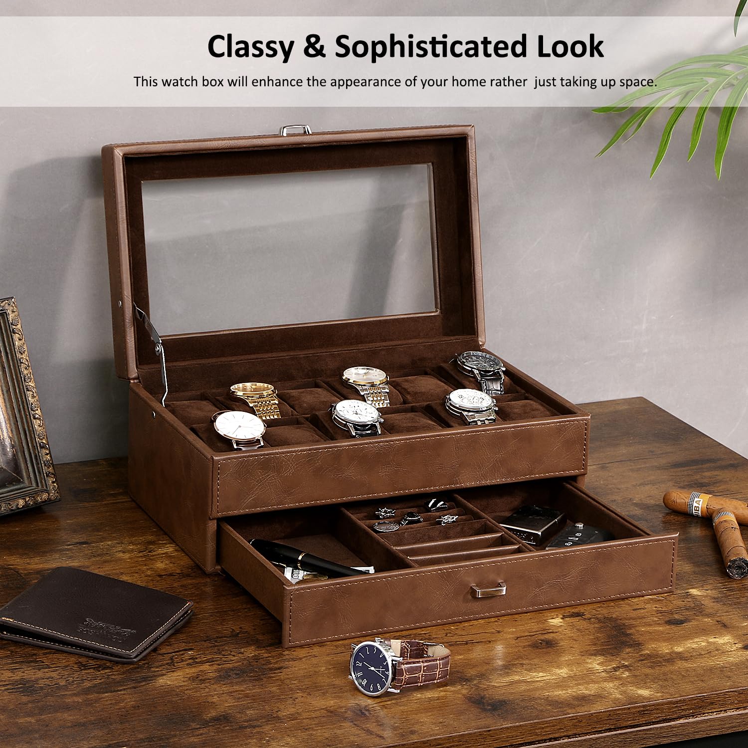 BEWISHOME Watch Box for Men, 12-Slot Watch Case, 2-Layer Watch Case With Drawer, Mens Jewelry Box with Large Glass Lid, Watch Display Case Watch Holder Organizer Watch Storage for Men Women Espresso