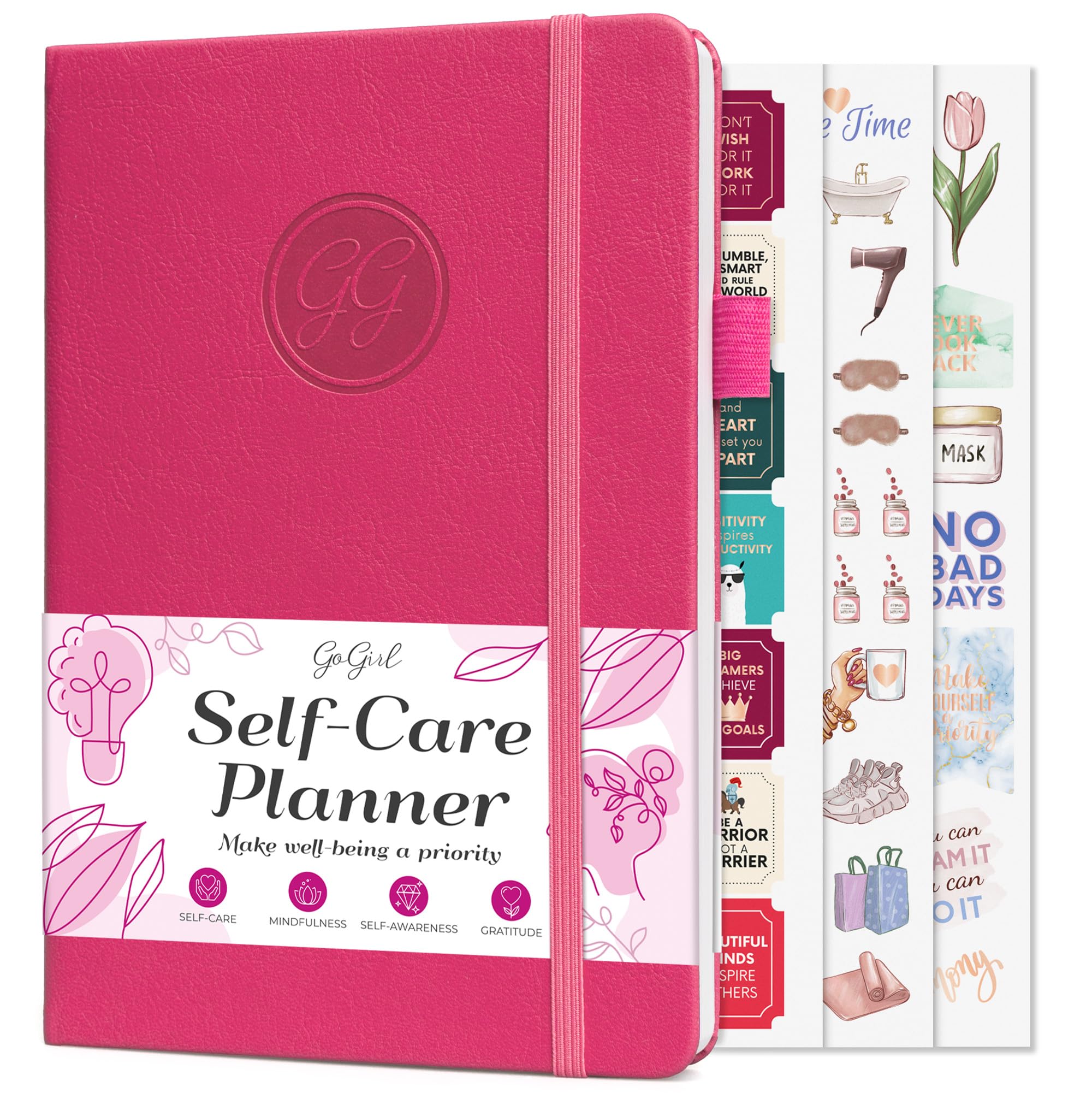 GoGirl Self-care Journal – Daily Mental Health Notebook with Mood & Wellness Trackers – Personal Development, Meditation & Reflection Journal for Women – Hardcover, Lasts 3 Months (Fuchsia)