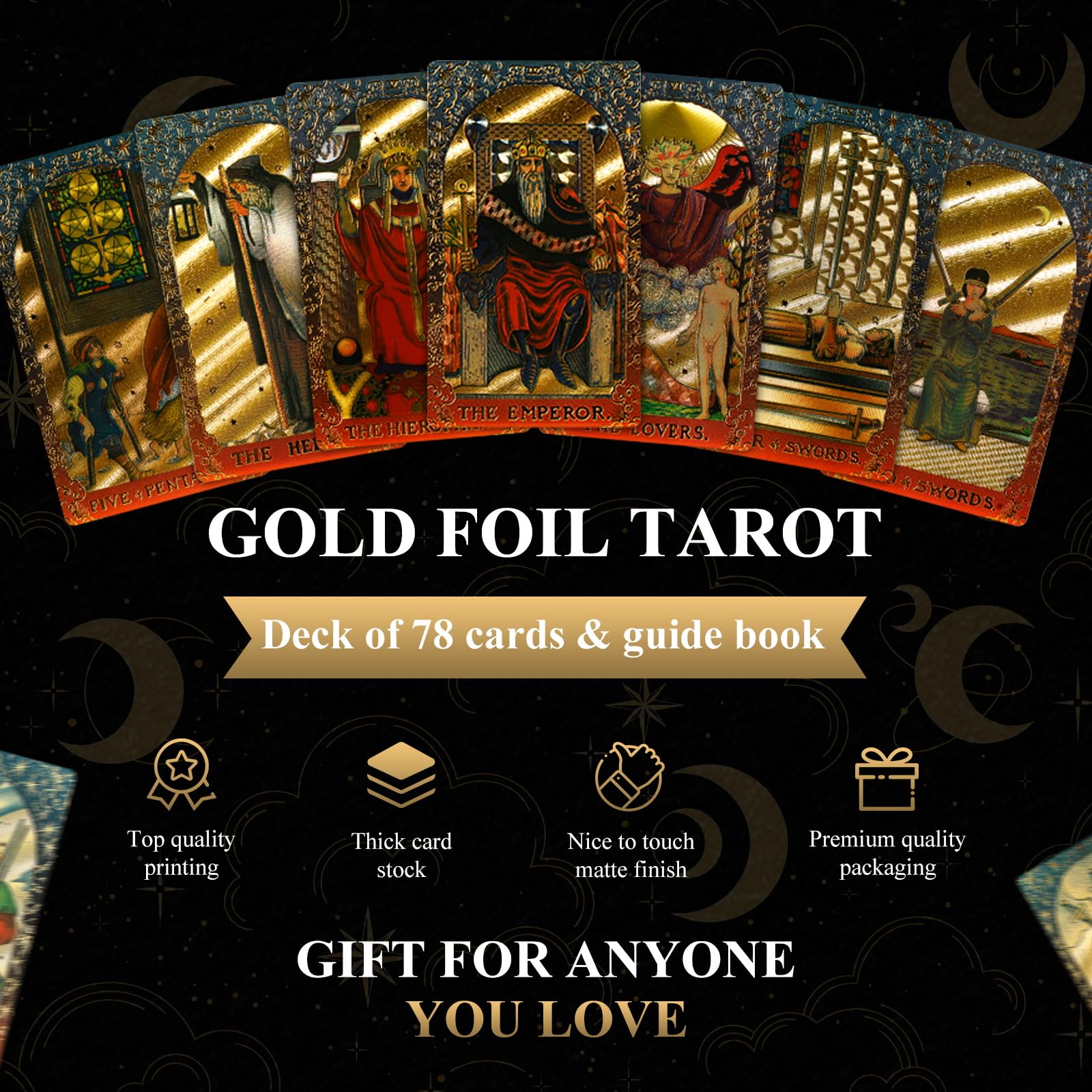 KIINO 78 Gold Foil Tarot Deck with Gift Box,Original Design Rider Waite Tarot Cards with Guide Book,for Beginners Durable Waterproof Wrinkle Resistant
