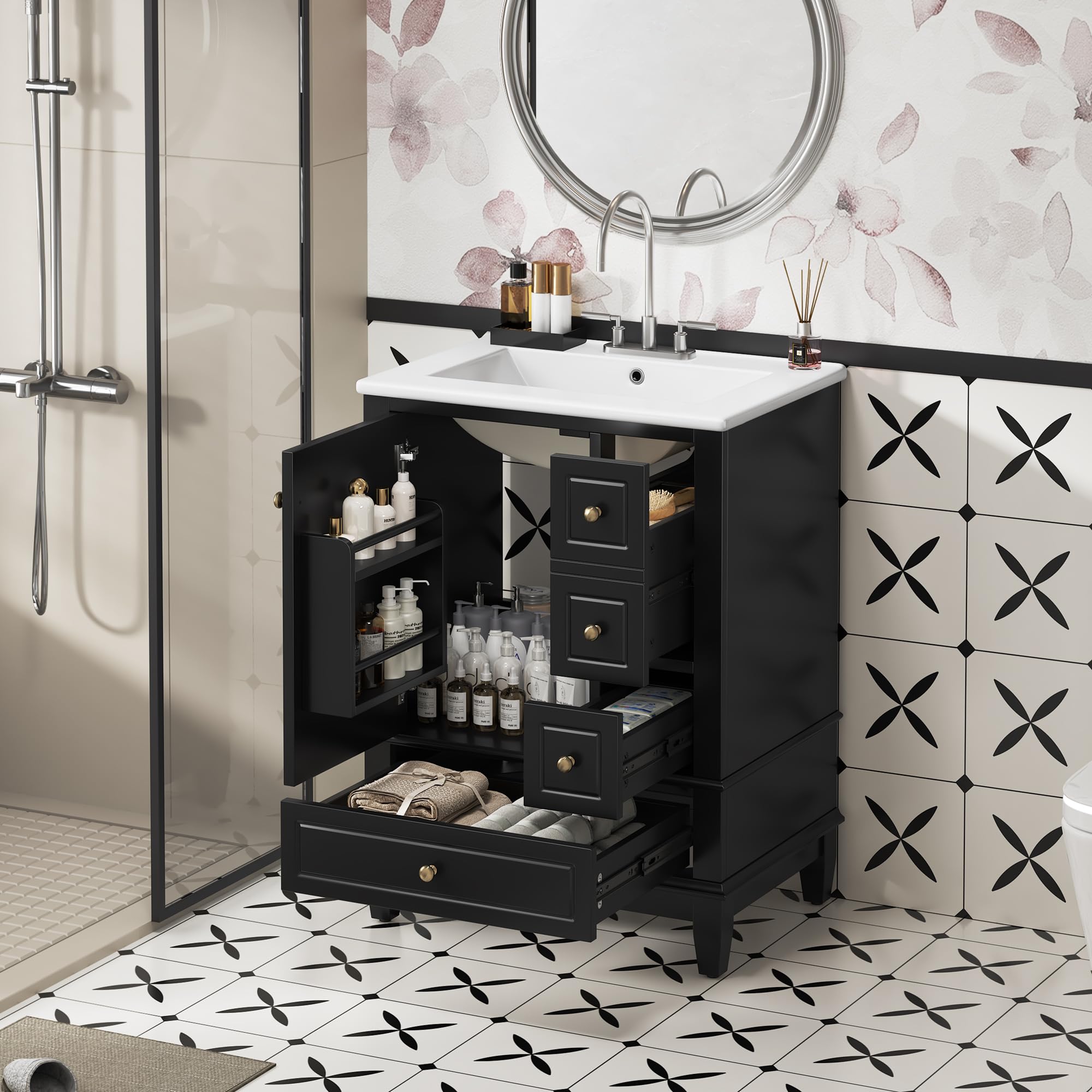 Photo 1 of *MISSING HARDWARE AND CABINET LEGS* 24" Bathroom Vanities Cabinet with Ceramic Sink Set Combo, Multi-Functional Storage Organizer Door Shelf, Three Drawers, Soft-Closing Door, Black