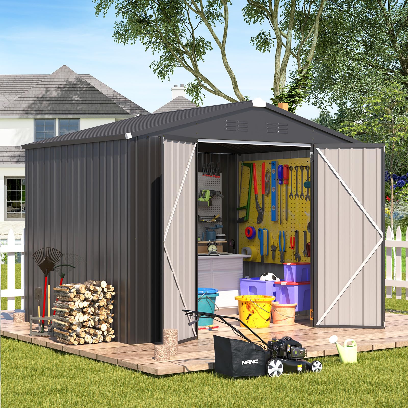 Photo 1 of AECOJOY Shed 8' x 6' Metal Storage Shed for Outdoor, Dark Grey Steel Backyard Shed (53 Sq.Ft Land) with Design of Lockable Doors, Utility and Tool Storage for Garden, Backyard, Patio, Outside use COLOR OFF WHITE