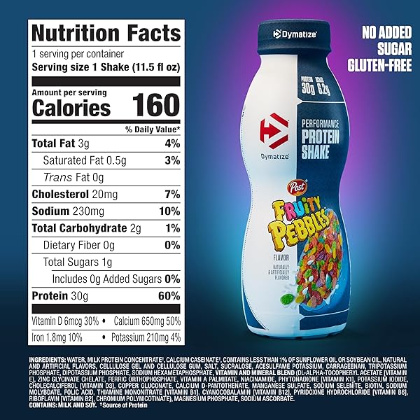DYMATIZE PERFORMANCE PROTEIN SHAKE, FRUITY PEBBLES, 30G PROTEIN, 6.2G BCAA FOR MUSCLE RECOVERY, NO ADDED SUGAR, LOW FAT, 24 VITAMINS AND MINERALS, GLUTEN-FREE, READY TO DRINK, ON-THE-GO SNACK, 11.5FL OZ, 12 PACK