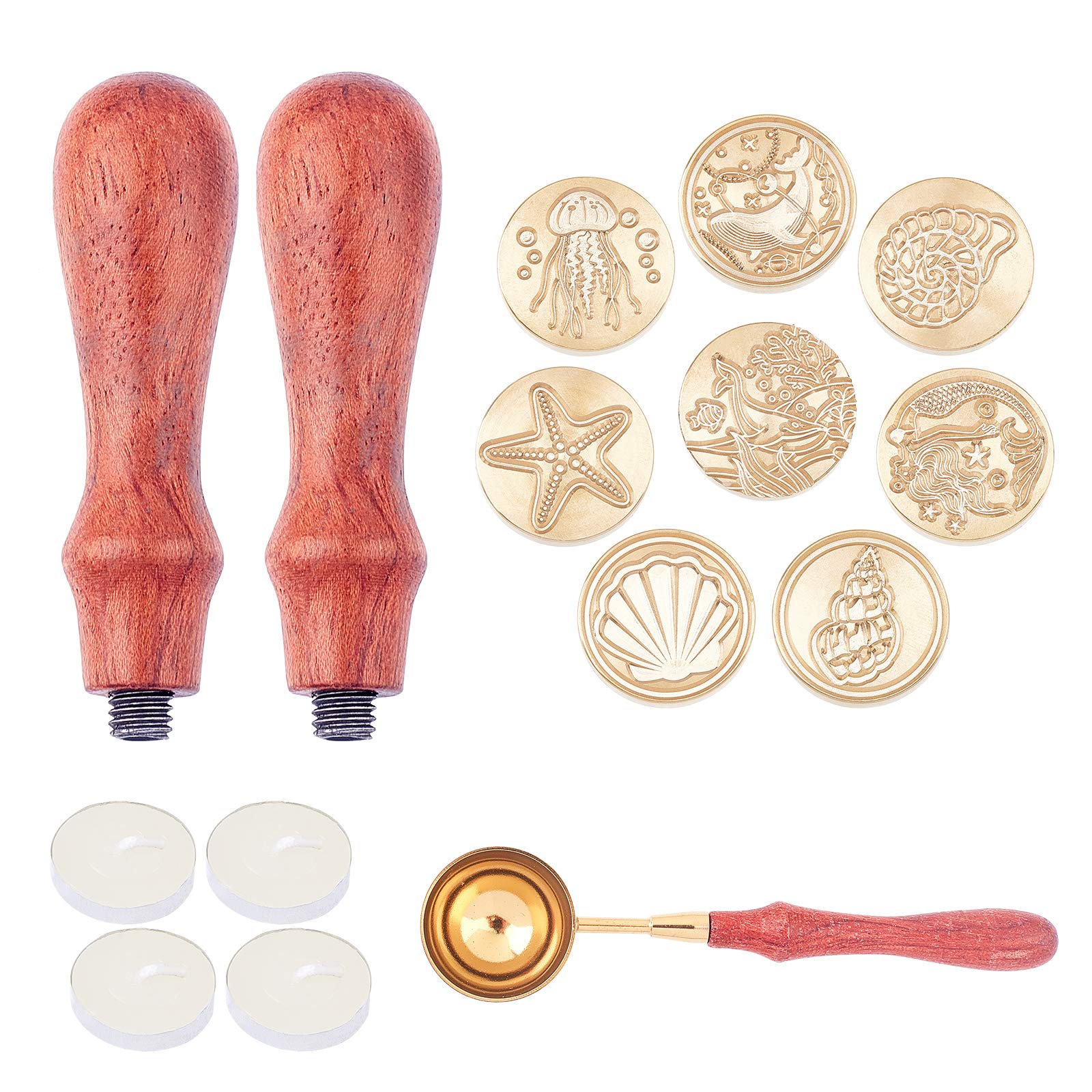 CRASPIRE Ocean Theme Wax Seal Stamp Kit Shell Sealing Wax Stamp Whale Jellyfish Starfish Conch 25mm Removable Brass Head with Rosewood Handle for DIY Invitation Gift Wrap Envelopes Wine Packages