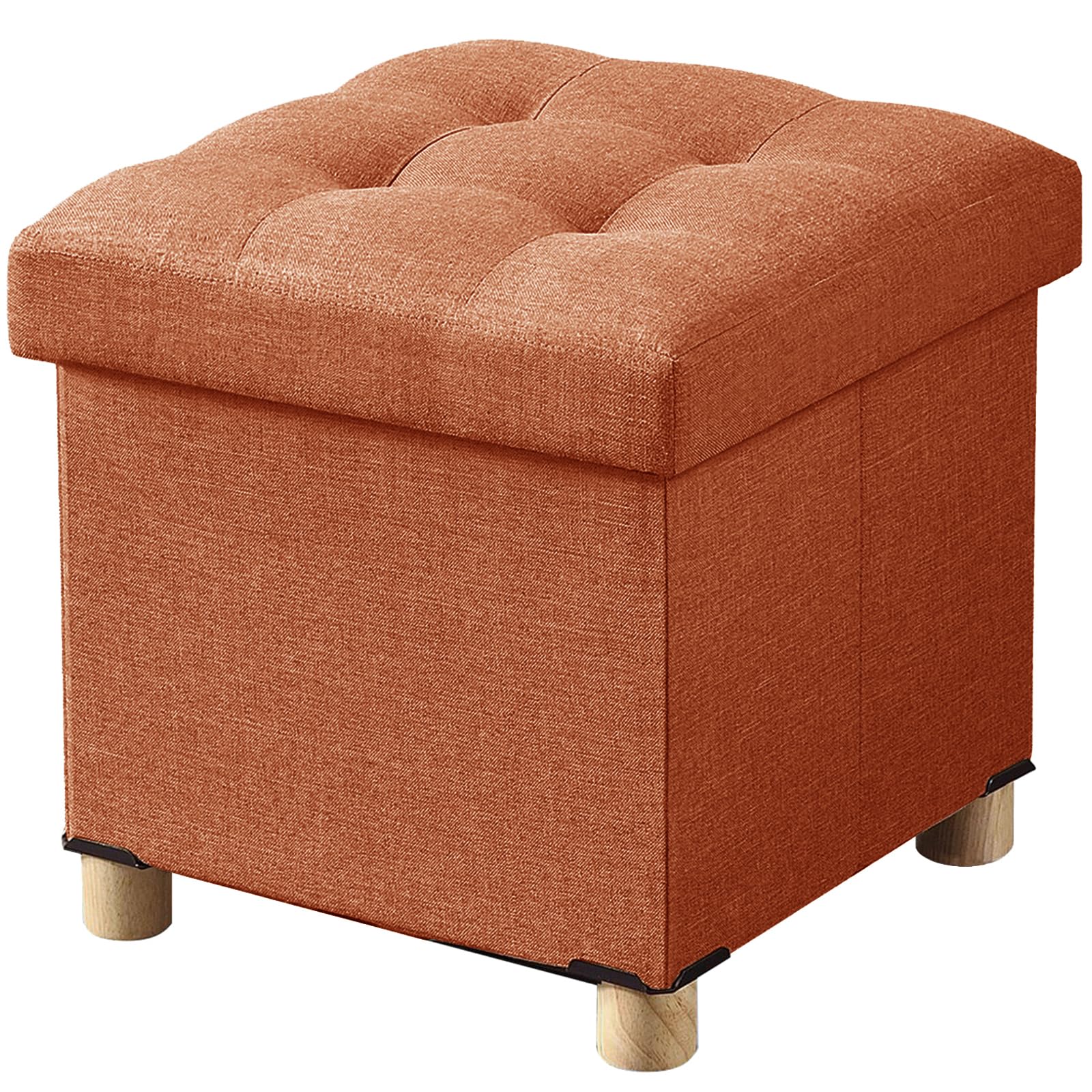 BRIAN & DANY Folding Ottoman Storage Box with Wood Legs, Linen Foot Stool, Footstool with Storage, Highly Elastic Sponge Filling, Orange, 38 x 38 x 38 cm