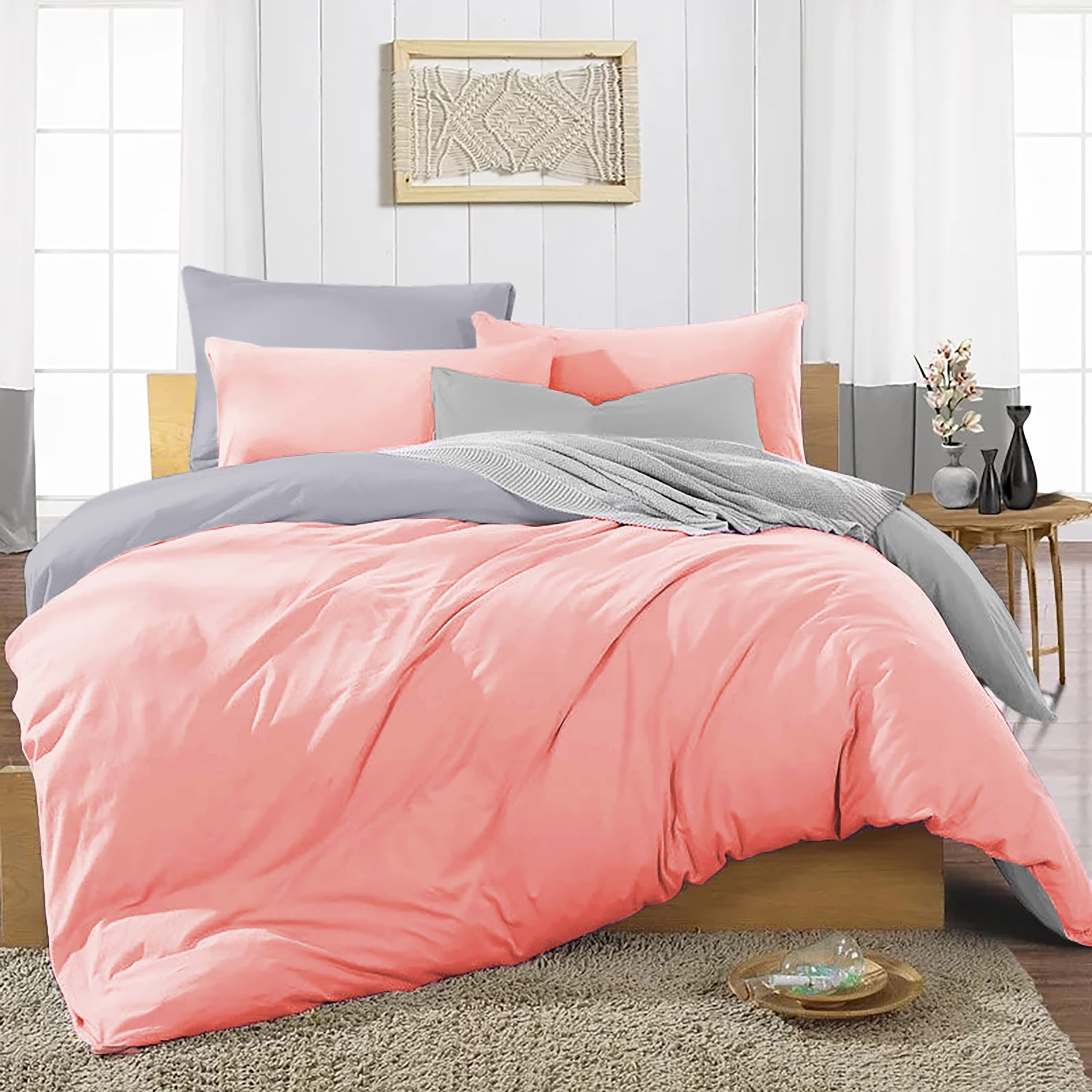 Ev Dekor® Duvet Cover Set Single Grey Pink - Soft Microfibre Polyester Plain Dyed Reversible Double Duvet Set with Pillow cases - Bedding Quilt Covers Bedsheets — image 1