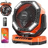 MORECORE 68HRS Running Camping Fan with Light, 20000mAh Battery Rechargeable, Powerful 4 Speeds & Auto Oscillating, with Timer & Hook, for Travel Tent RV Emergency Hurricane Jobsite Garage-Orange