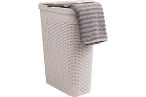 Mind Reader Slim Laundry Hamper with Lid, 40L Clothes Basket, Premium Wicker Design, Plastic, Ivory