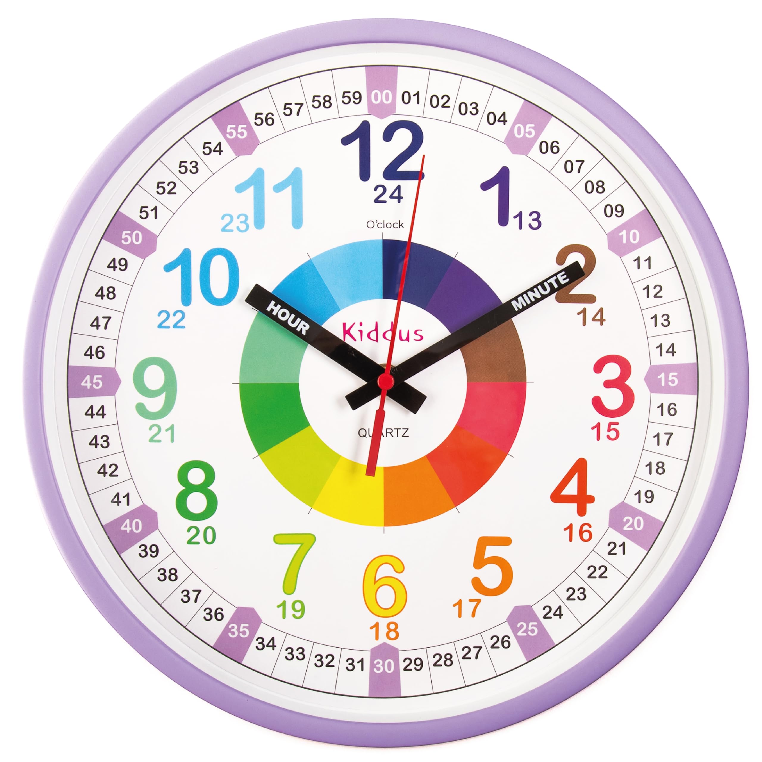 Kiddus Wall Clock for Boys and Girls. Silent Analogue Time Teacher with Exercises. Easy to Read and Learn the Time. 30cm diameter XL Purple