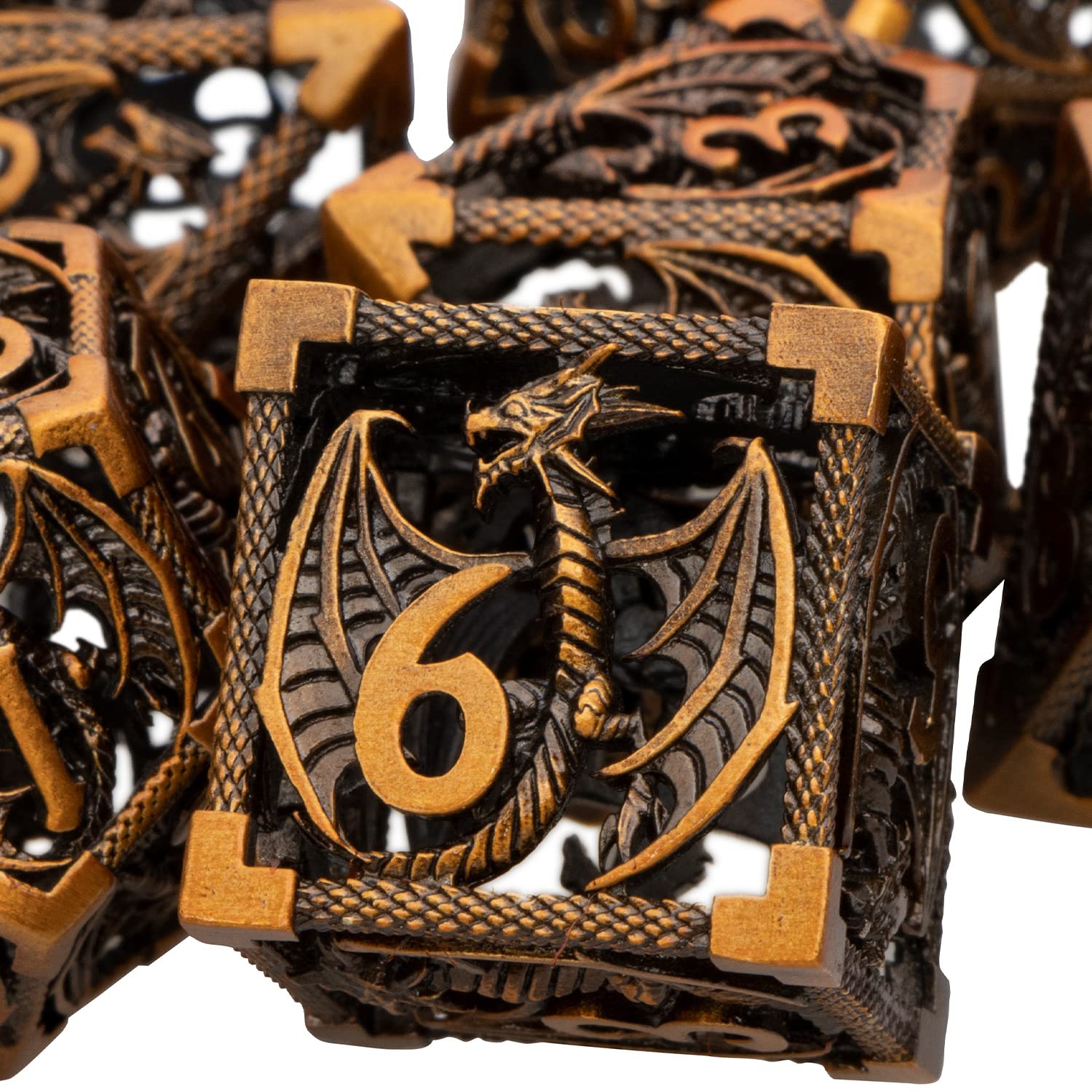 ARUOHHA Hollow DND Dice Set 7PCS Antique Gold Metal Dragons Dice with Gift Box, D and D Dice RPG Role Playing Games Dungeons Polyhedral Dice Set D20 D12 D10 D8 D6 D4 ﻿ — image 1
