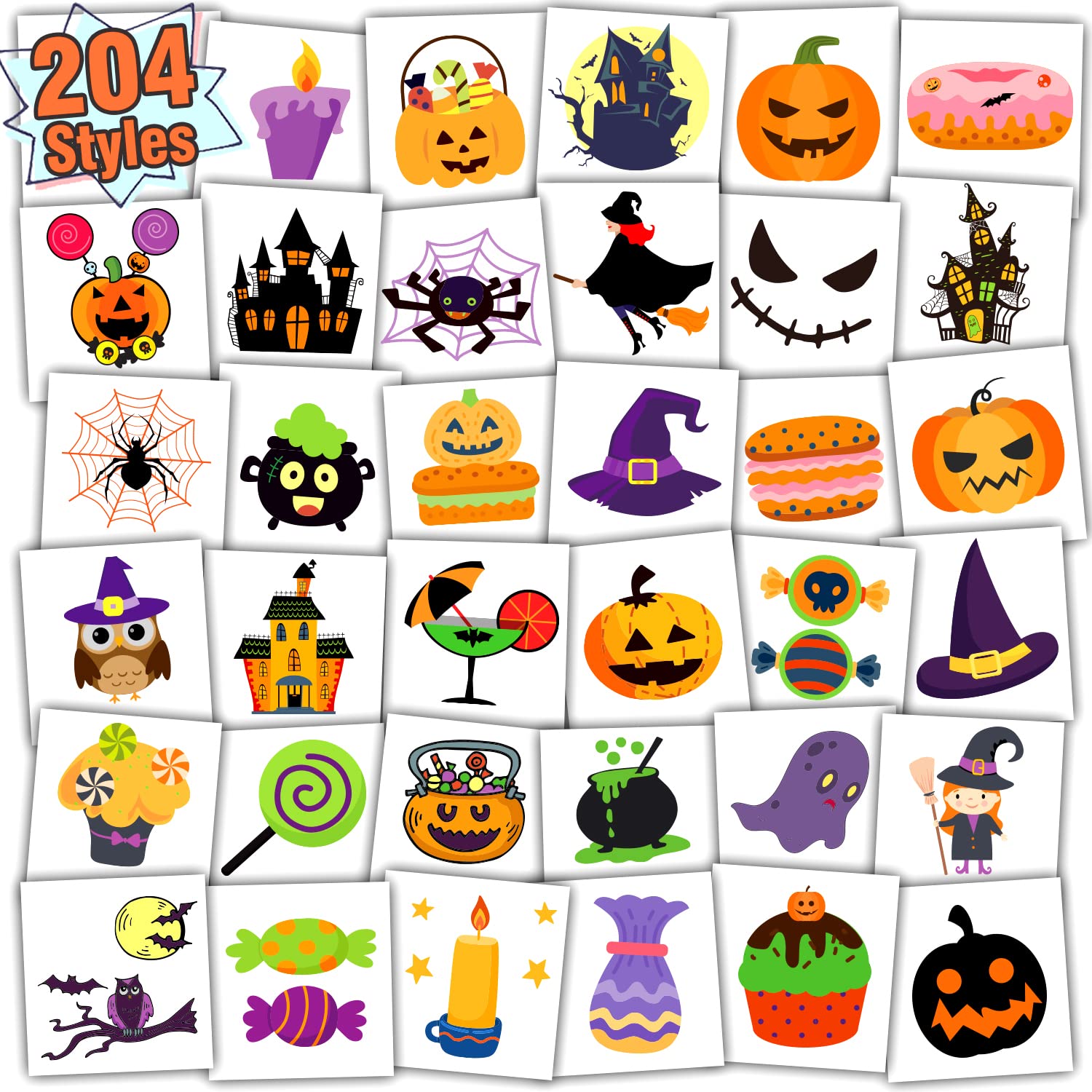 Partywind 204 Individually Wrapped Sheets Halloween Tattoos for Kids Party Supplies, Halloween Pumpkin Ghost Decorations, Halloween Treats Goodie Bag Stuffers for Boys and Girls