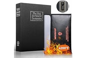 NEVGVUP Diversion Book Safe with 4200°F Fireproof Money Bag and Combination Lock, 10.5" x 7.9" x 2.5" Fake Book Hidden Storage Safe, Hollow Secret Portable Metal Storage Box for Cash, Valuables - Black