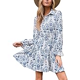 CUPSHE Paisley Mini Fall Dresses for Women Collared Neck Ruffle Long Poet Sleeve Front Button Up Waist Tie Autumn Dress