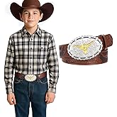 UpFind Kids Western Belt for Boys Girls Youth Engraved Cowboy Cowgirl Genuine Leather Belt with Silver Longhorn Bull Buckle