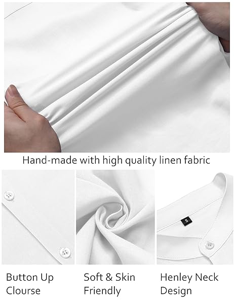 URRU MEN’S SHORT SLEEVE LINEN SHIRT BAND COLLAR BUTTON DOWN SHIRTS SUMMER BEACH SHIRT WHITE L