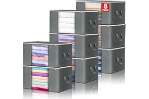 Budding Joy Clothes Storage, Foldable Large Storage Bags, Storage and Organization for Clothing, Blanket, Comforter, Clothes, Pillows, Toys, Closet Organizers with Enhanced Handle, 60L 8 Pack