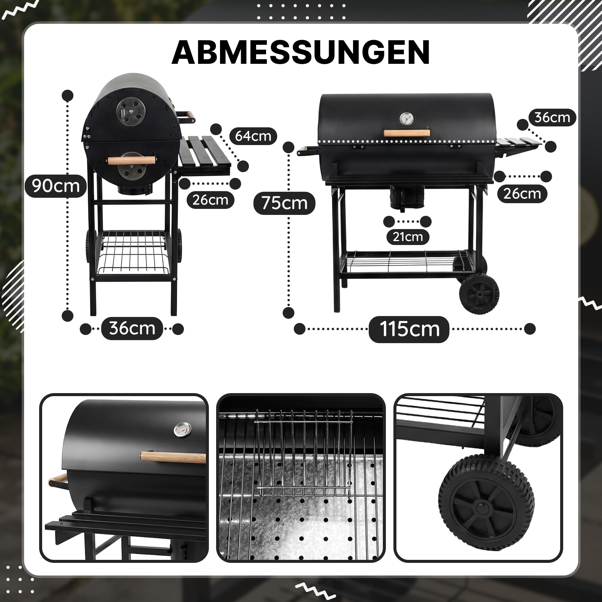 Five-Star Grill&Chill Holzkohlegrill mit Deckel – Großer Grillwagen mit Chromrost 71×35 cm & Thermometer – Für Garten & Terrasse – Aschekasten, Lüftungsöffnungen, 2 Räder 9