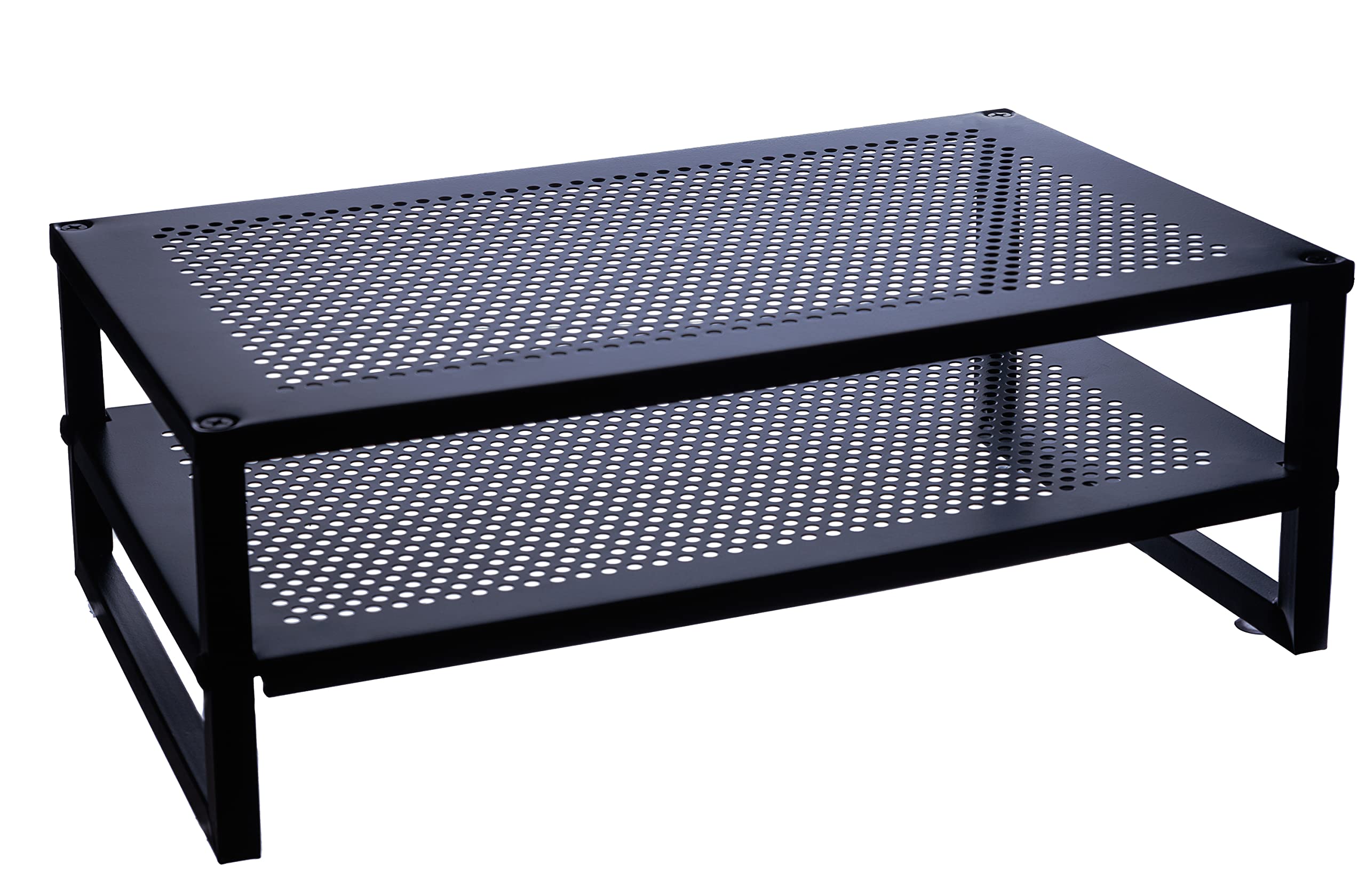 Amtido Metal Monitor Stand Riser – Vented Ergonomic Desk Monitor Riser for Home Office – Black Steel Construction to Improve Posture and Storage with Extra Shelf for Work Office Accessories