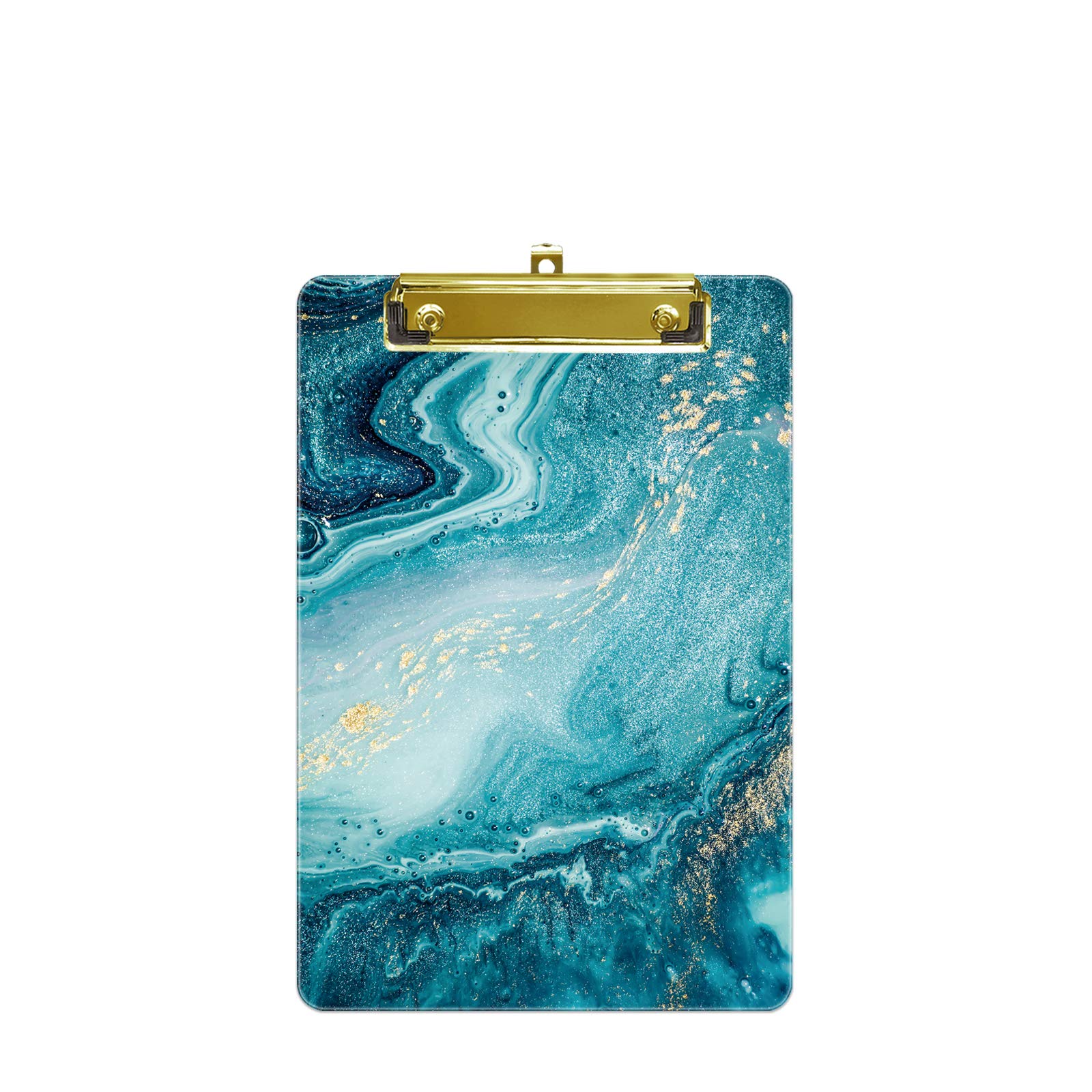 Hnogri Small Plastic Clipboard, Fashion Design A5 Size Memo Clipboards for Students, Kid, Women, Office, School, Low Profile Clip, Cute Custom Pattern, Mini Clipboard Size 6" x 9", Teal Marble — image 1