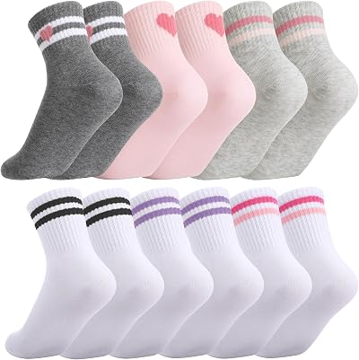 Zuimei 6 Pairs Kids Socks Cotton School Crew Athletic Hearts Stripes 9-12