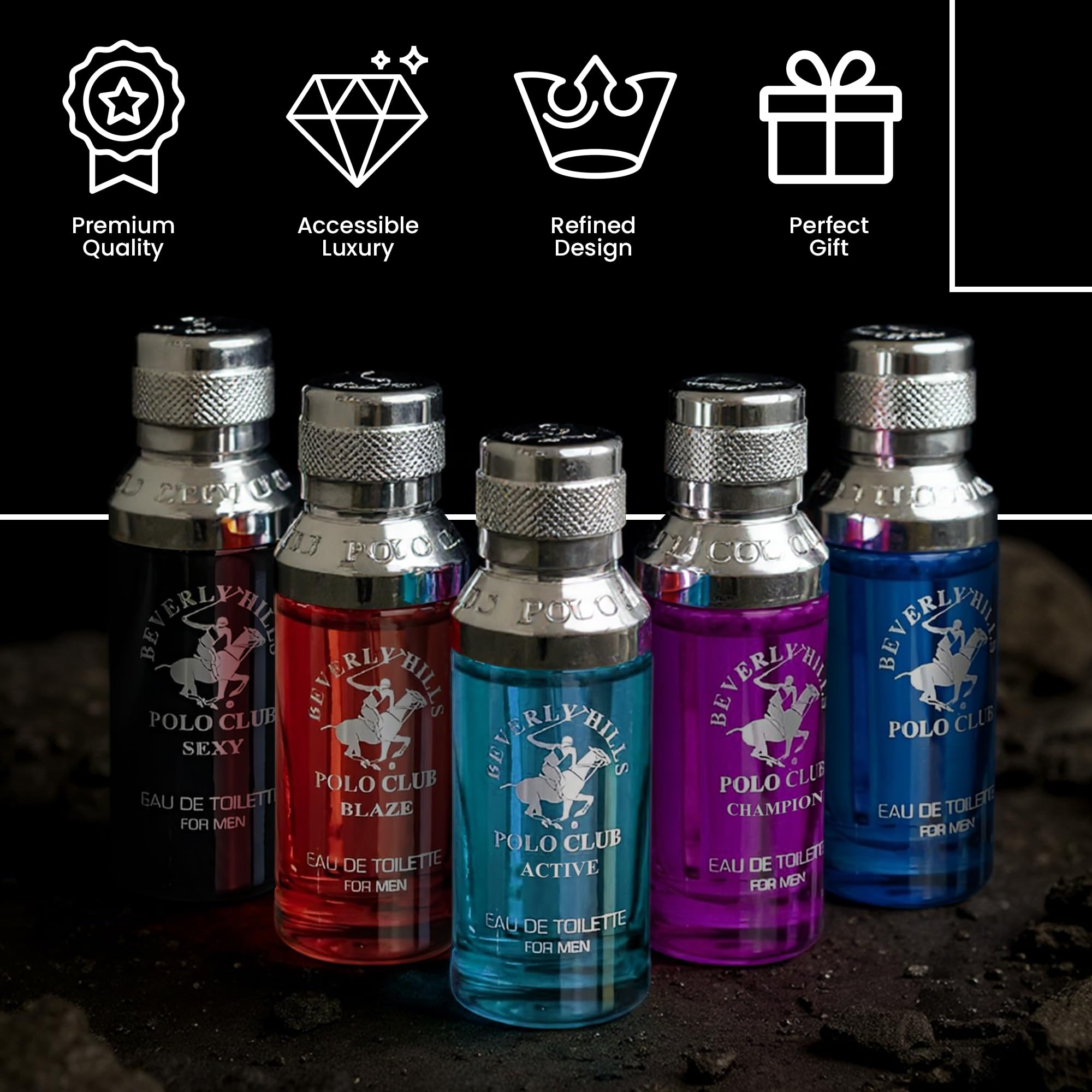 Beverly Hills Polo Club 5 Piece Mini Gift Set Exclusive for Men, EDT Eau De Toilette 5 Mini 0.5oz Bottles