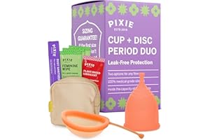 PIXIE CUP Pixie Menstrual Cup & Disc Duo for Feminine Care - Ranked 1 for Most Comfortable Reusable Period Cup & Disc - Buy One We Give One - Includes Ebook Guide, Flushable Wipes, Lube, Sanitizer & Storage Bag