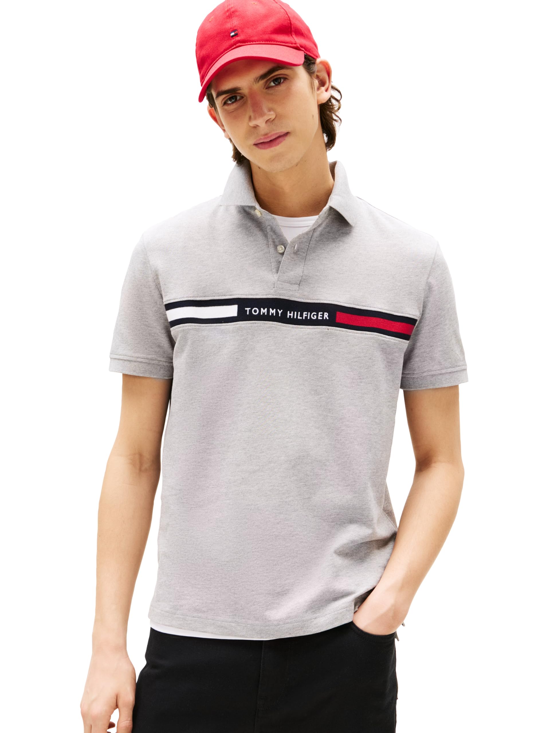 Tommy Hilfiger Men’s Chest Insert Regular Short Sleeve Polo,Light Grey Heather X-Large